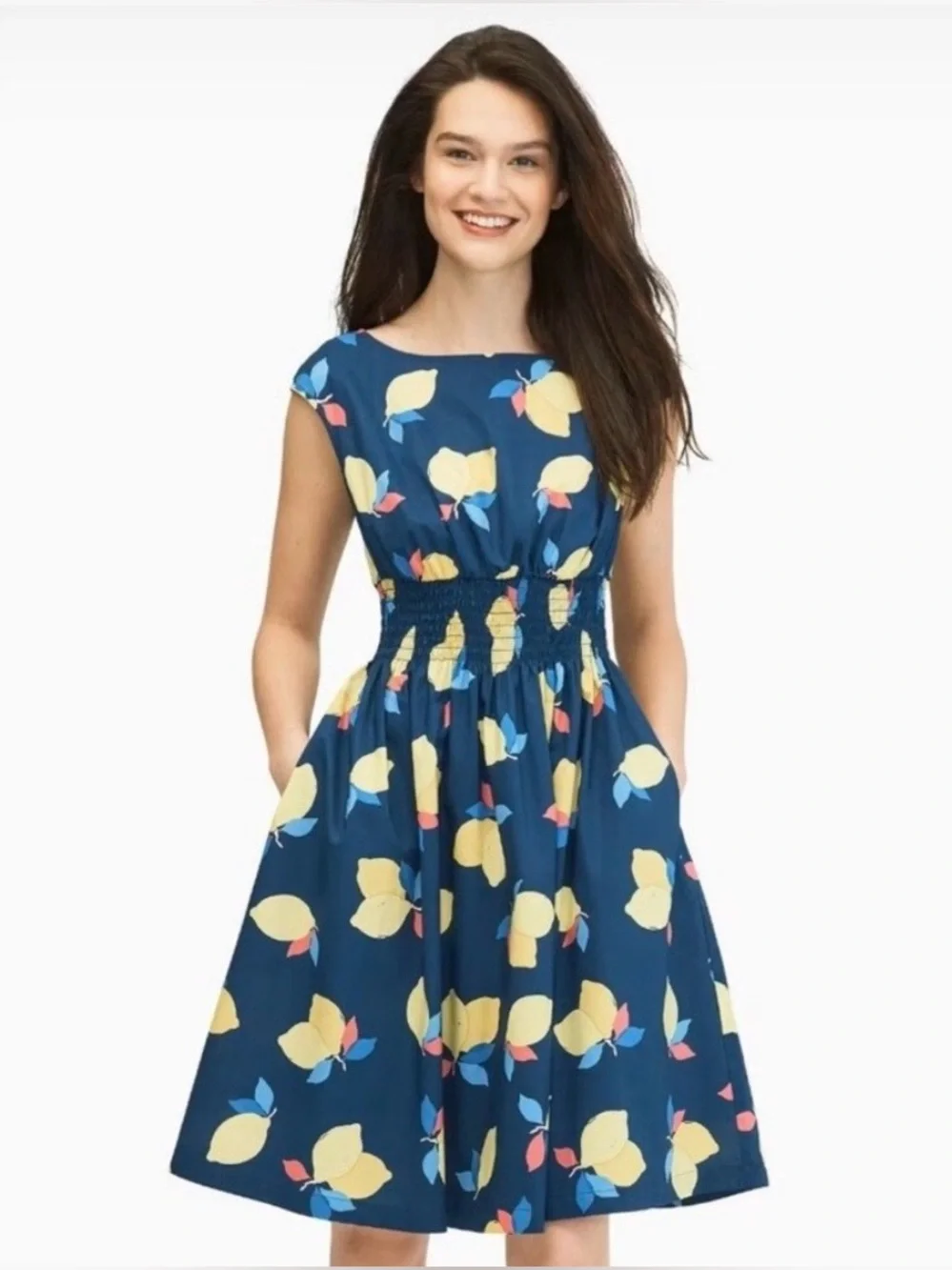 Kate Spade Navy Lemon Cap Sleeve Pocket 100% Cotton Dress - Picture 1 of 5